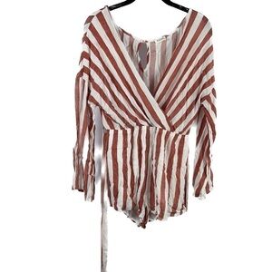 Essue Romper Wrap Front Stripes Quarter Flare Sleeves Tie Belted Waist Keyhole
